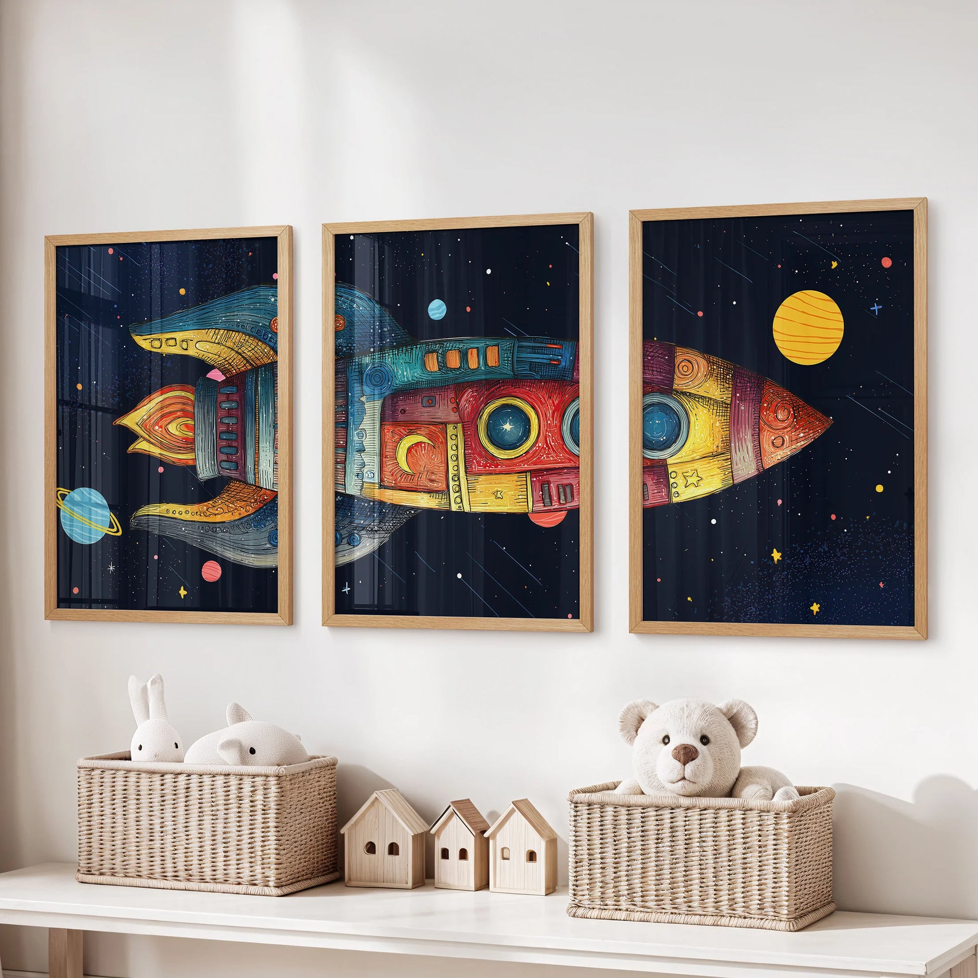 Space-themed triptych with rocket, planets and yellow sun above a nursery dresser.