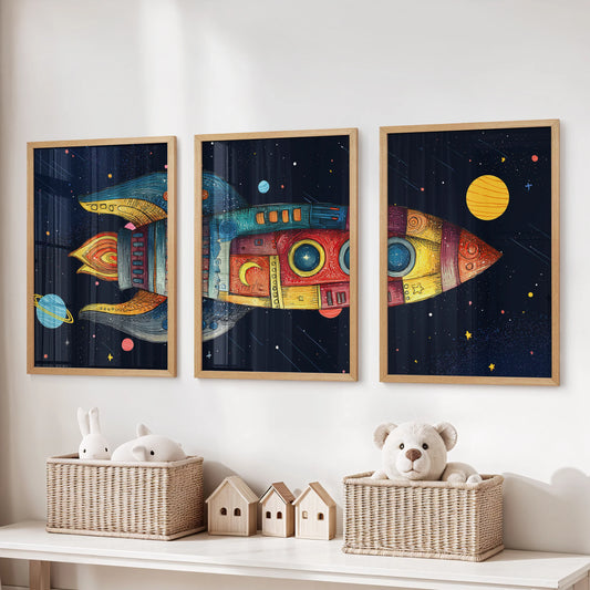 Space-themed triptych with rocket, planets and yellow sun above a nursery dresser.