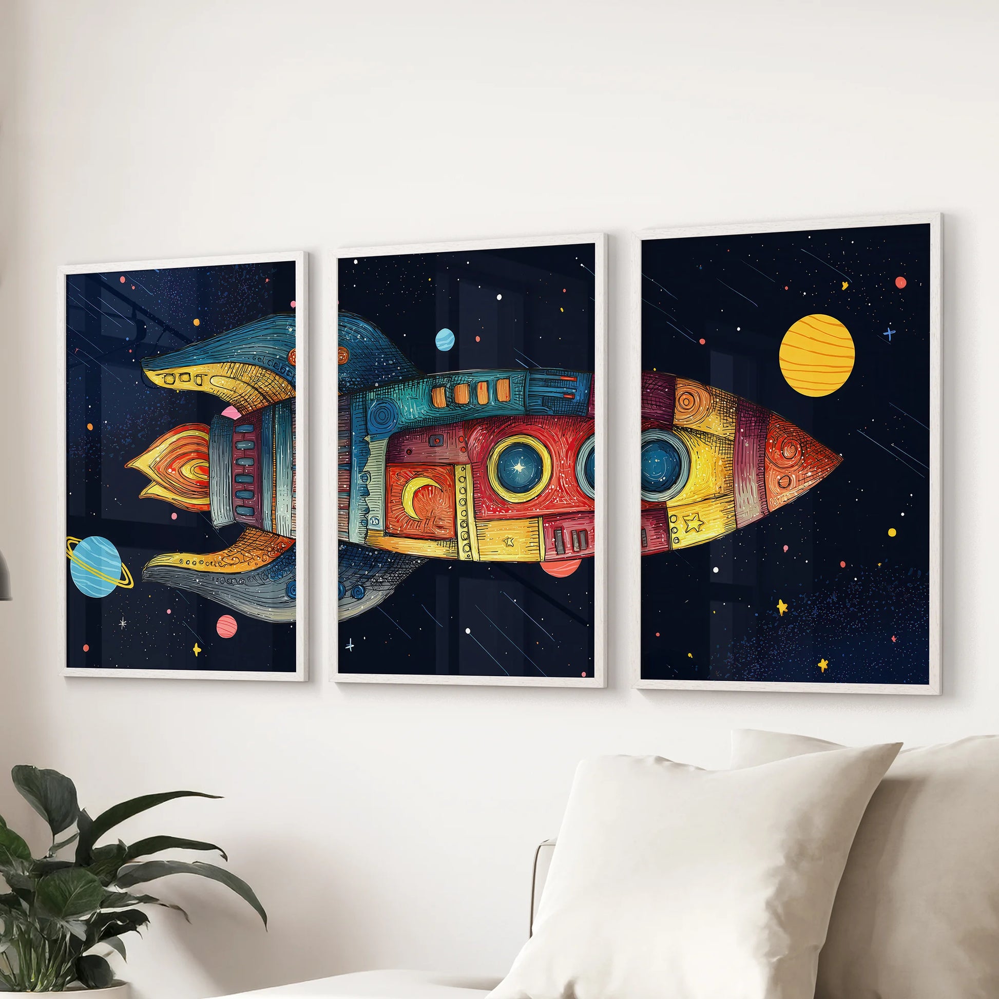 Nursery gallery of three—whimsical rocket, sun and planets amid constellations.