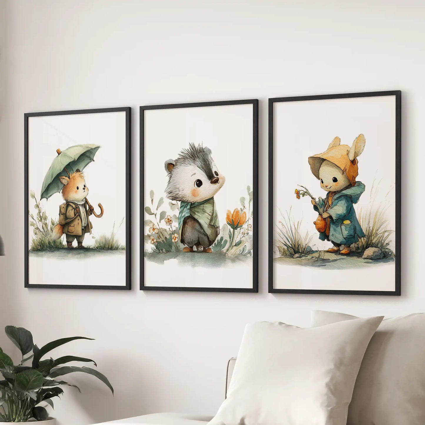 Framed wall art featuring forest animals, this three-piece watercolor set in black frames adds gentle color behind the living room couch.