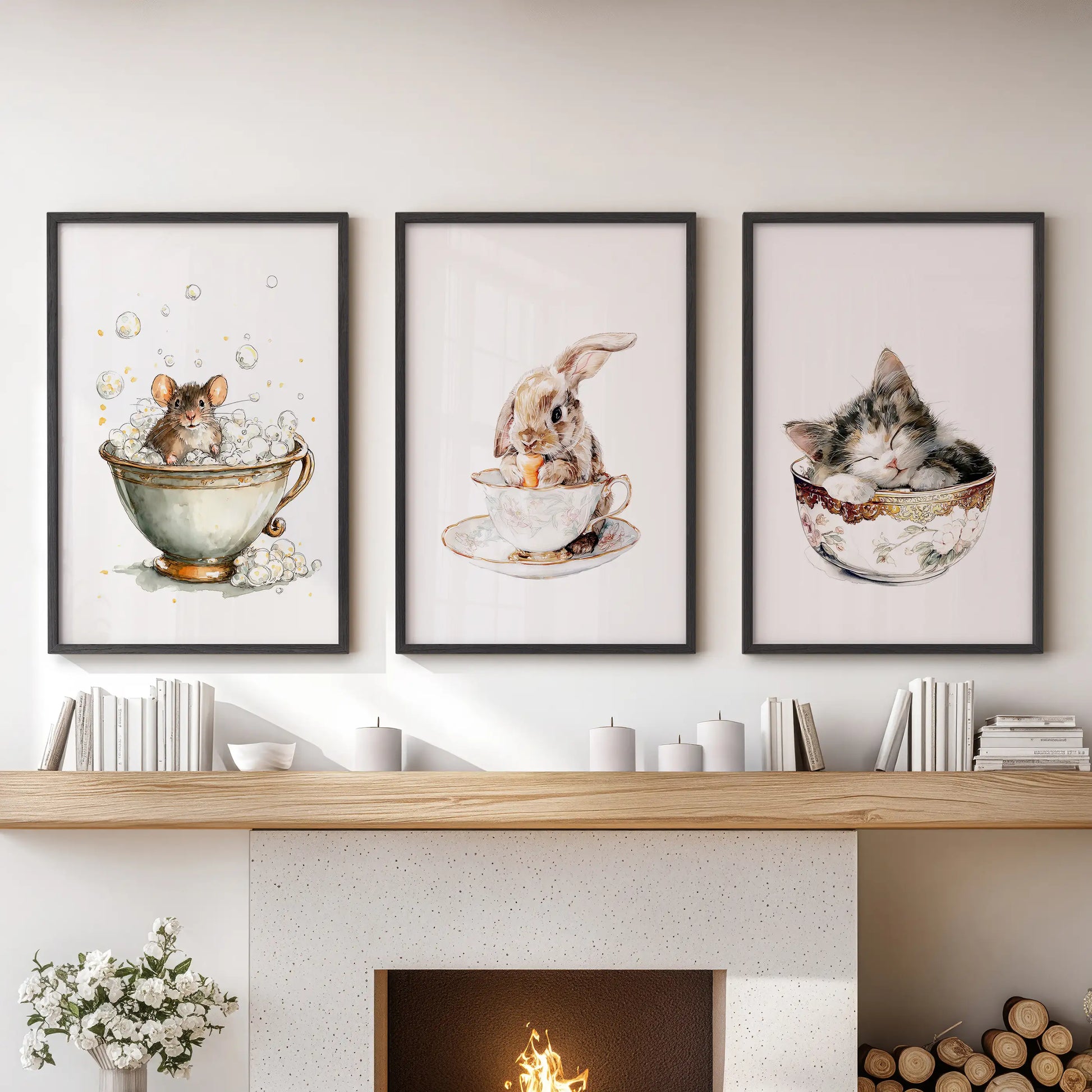 Over the lounge hearth, a black-framed trio of storybook wall decor with woodland animals warms the space in soft tea-time hues.