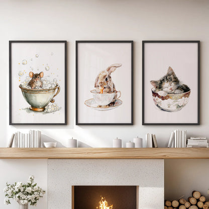 Over the lounge hearth, a black-framed trio of storybook wall decor with woodland animals warms the space in soft tea-time hues.