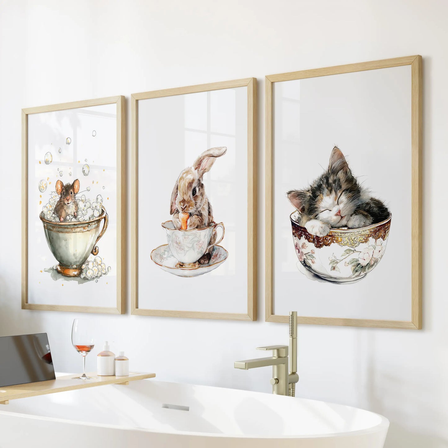 Over the freestanding tub, a three-piece oak-framed wall decor set of woodland animals adds storybook calm to the bathroom.