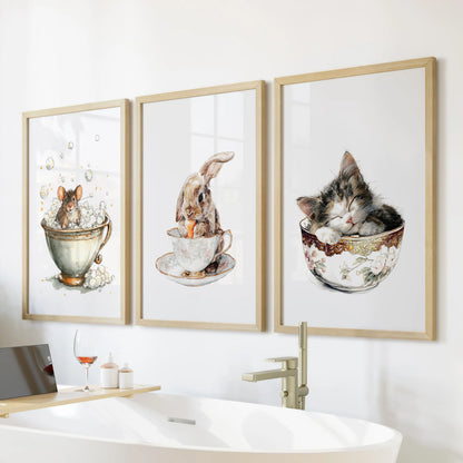 Over the freestanding tub, a three-piece oak-framed wall decor set of woodland animals adds storybook calm to the bathroom.