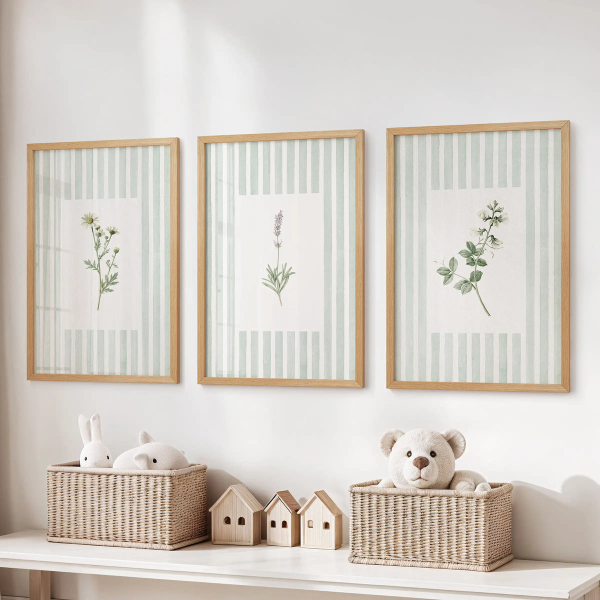 Striped floral wall art in a three-piece print set hangs in thin wood frames over a toy organizer in a kids playroom.