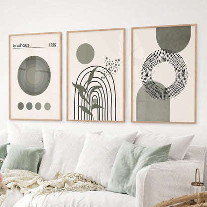 Boho sage green abstract art in wood frames, mid-century wall set of 3 for dorm or living room