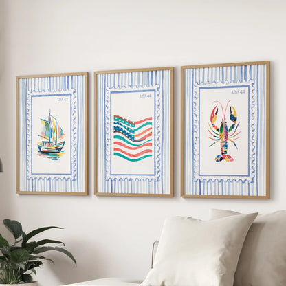 Beach stamp illustrations in a 3-piece wall art set, light wood framed and hung above the sectional to bring bright seaside energy to the family room.
