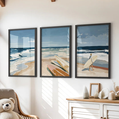 Ocean wave triptych art prints, a three-picture set, hang in black frames over a dresser to bring gentle seaside calm to a kids' room.