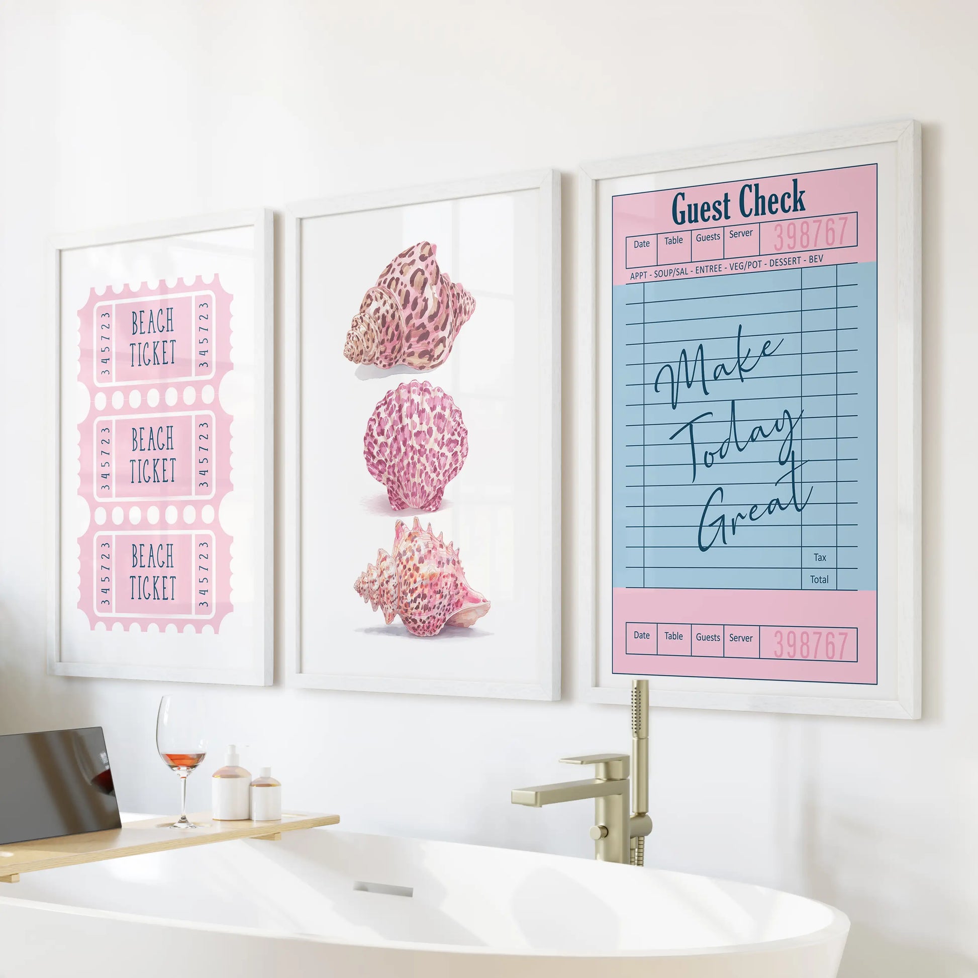 Pastel coastal collage, a three piece wall decor set for the bathroom, mounted above the bathtub with crisp white frames for breezy summer vibes.