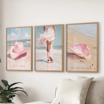 Three wood-framed wall artworks in a summer western style hang above the sectional, tying warm desert hues to an airy coastal feel.