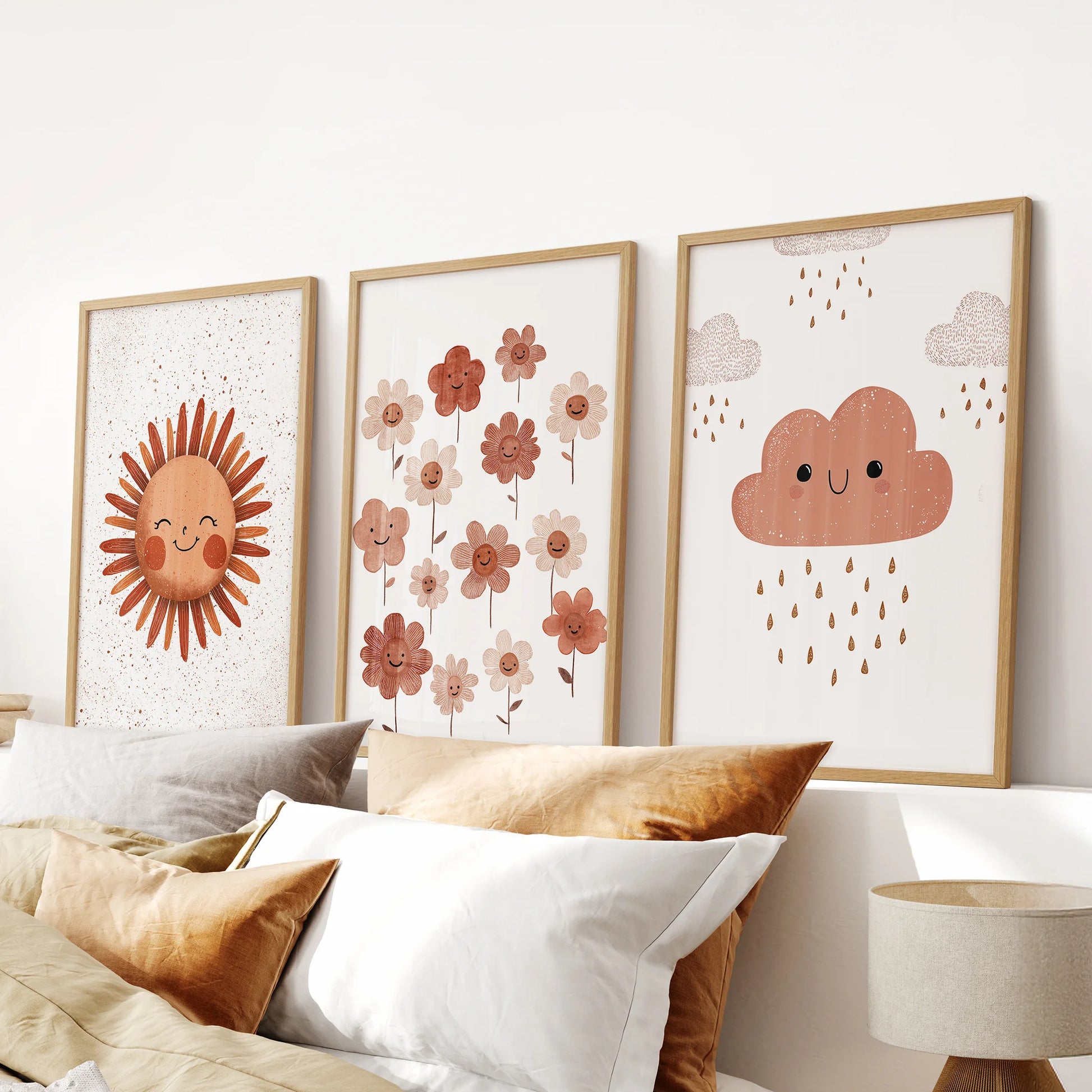 Boho sun prints set of three wall art pieces in oak wood frames installed over the bed, warming the bedroom with soft, neutral tones.