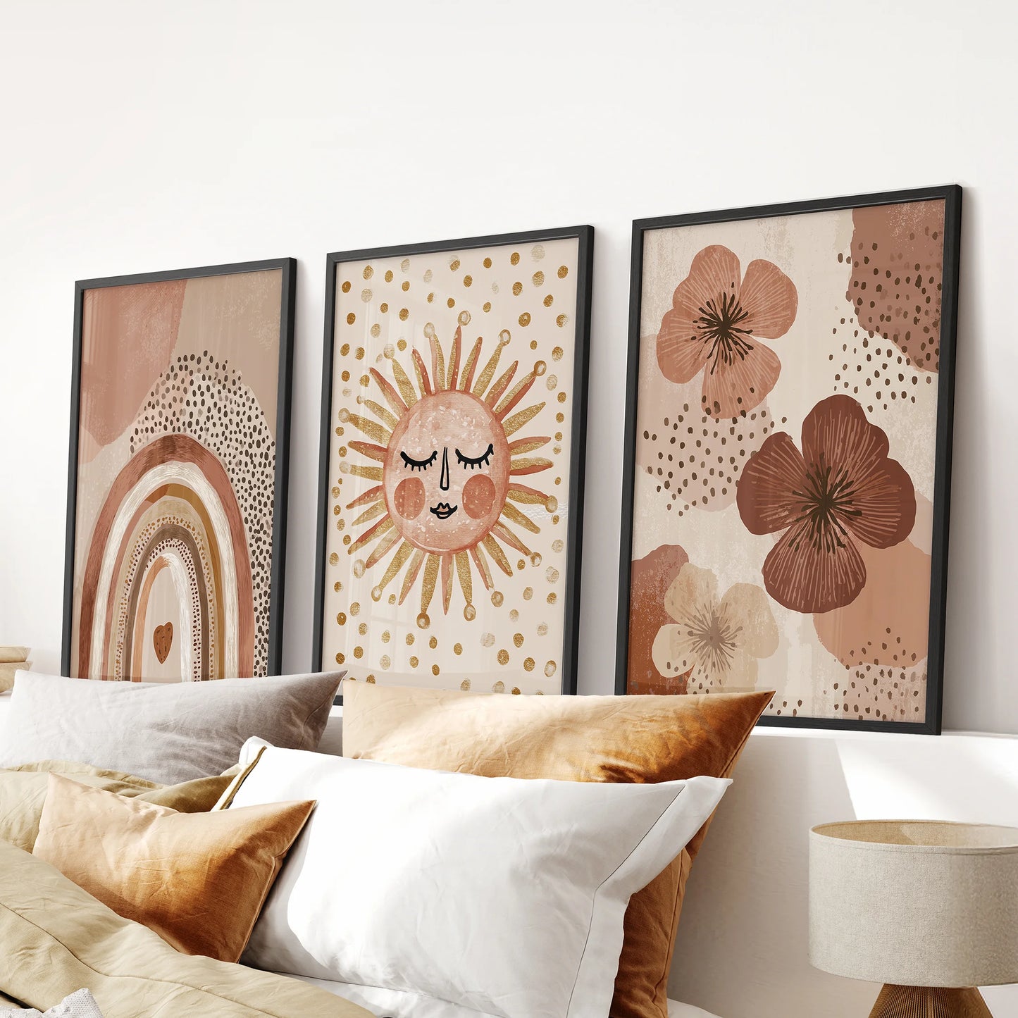 A sun and rainbow 3-piece artwork set in black frames crowns the bedroom above the headboard, giving the space a softly glowing warmth.