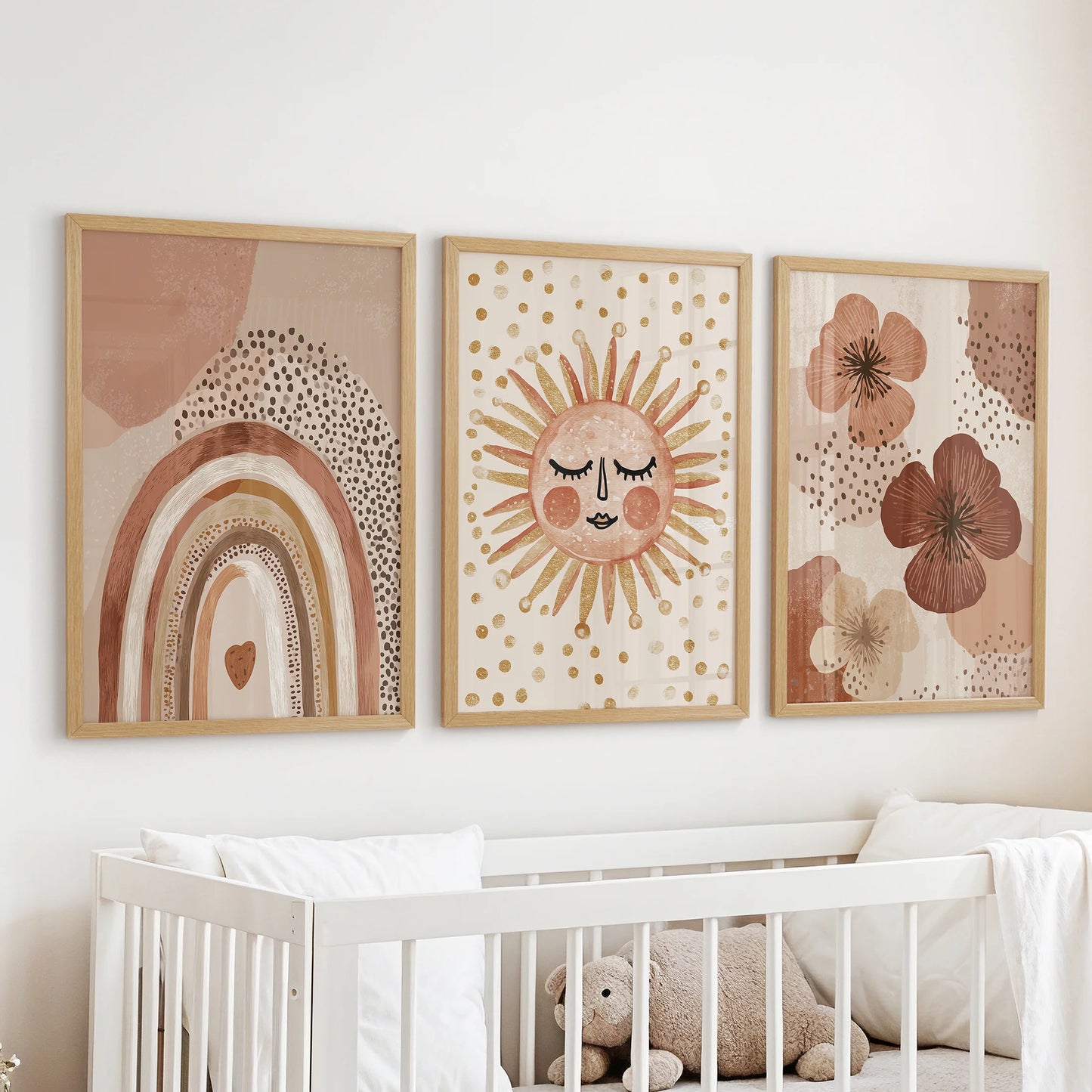 Boho sun wall art set of three rests in oak wood frames and sits sweetly above the crib in the baby room, adding gentle warmth without overpowering.