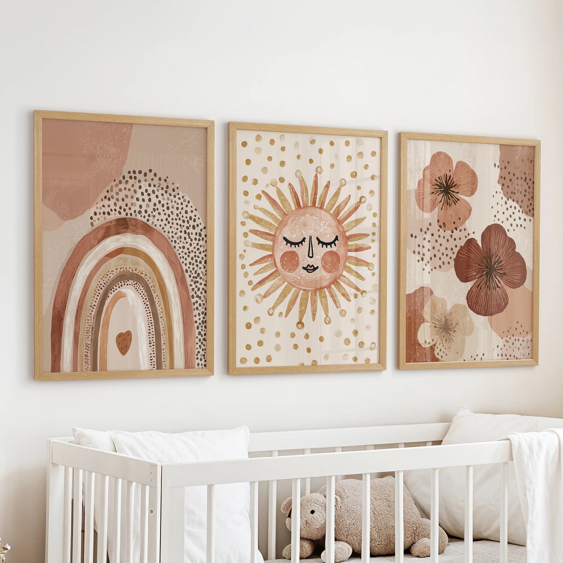 Boho sun wall art set of three rests in oak wood frames and sits sweetly above the crib in the baby room, adding gentle warmth without overpowering.