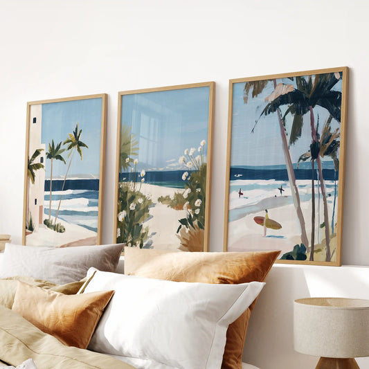 Palm trees wall art, 3-print gallery set in slim wood frames, lifts the space above the bed headboard with sunlit fronds and coastal calm.