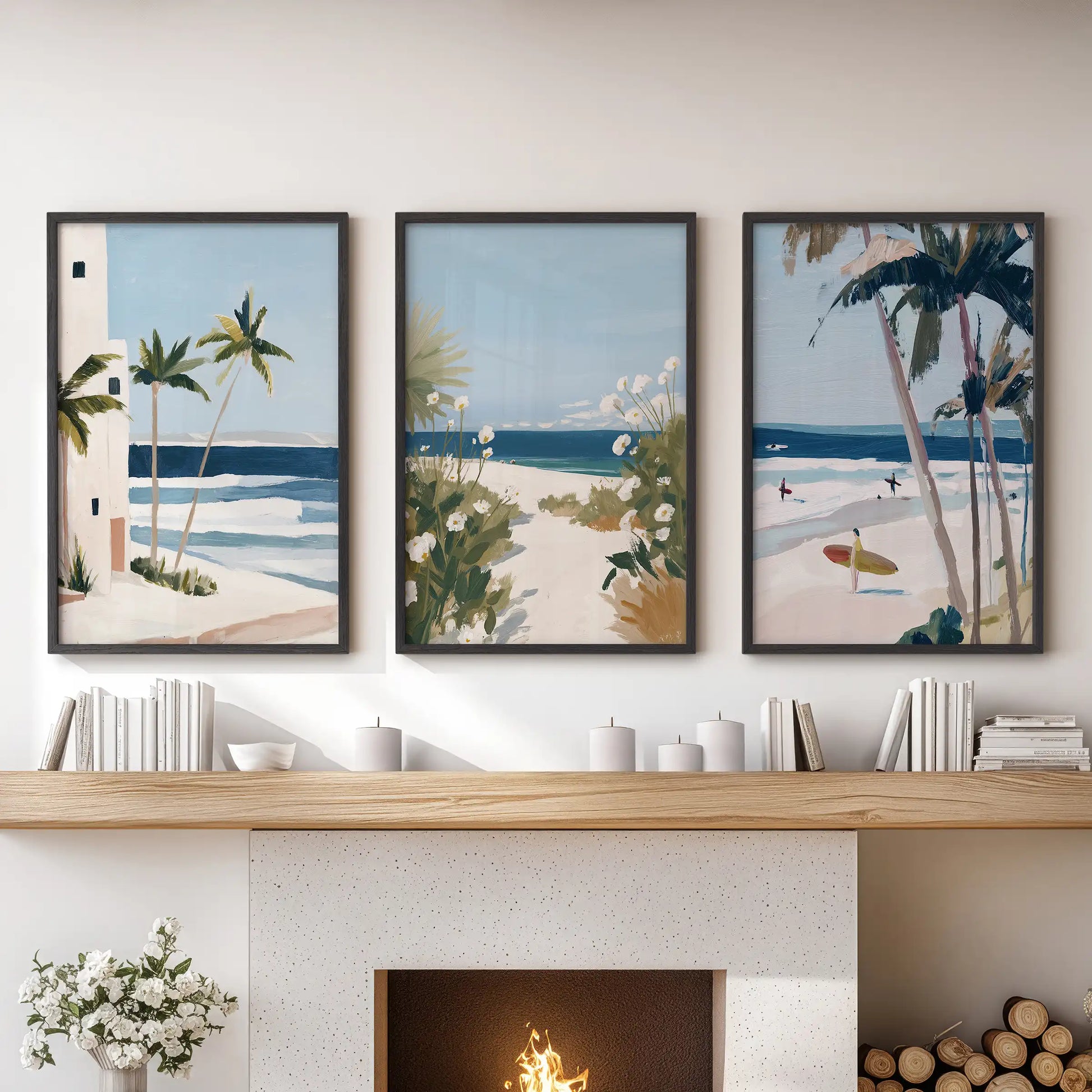 Coastal dune pathway wall art, 3-piece black-framed set, guides the eye over the fireplace mantel in the family room with sunlit grasses and open sky.