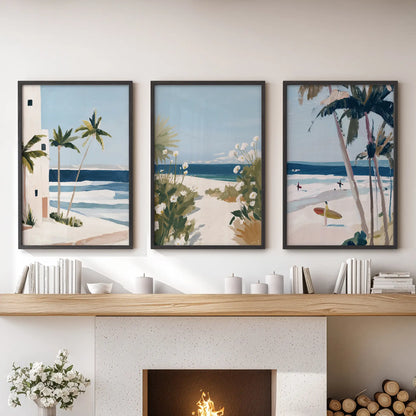 Coastal dune pathway wall art, 3-piece black-framed set, guides the eye over the fireplace mantel in the family room with sunlit grasses and open sky.