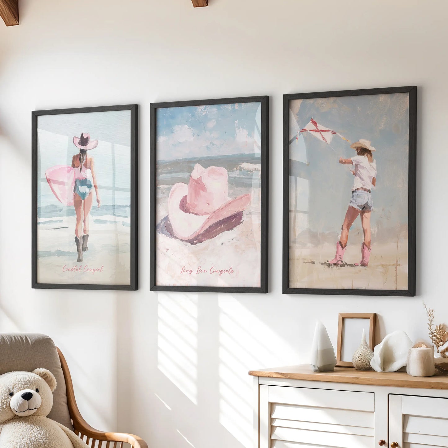 Pink surfer girl gallery of three wall art prints arrives in sleek black frames, styled above the playroom dresser for a bright, preppy focal line.
