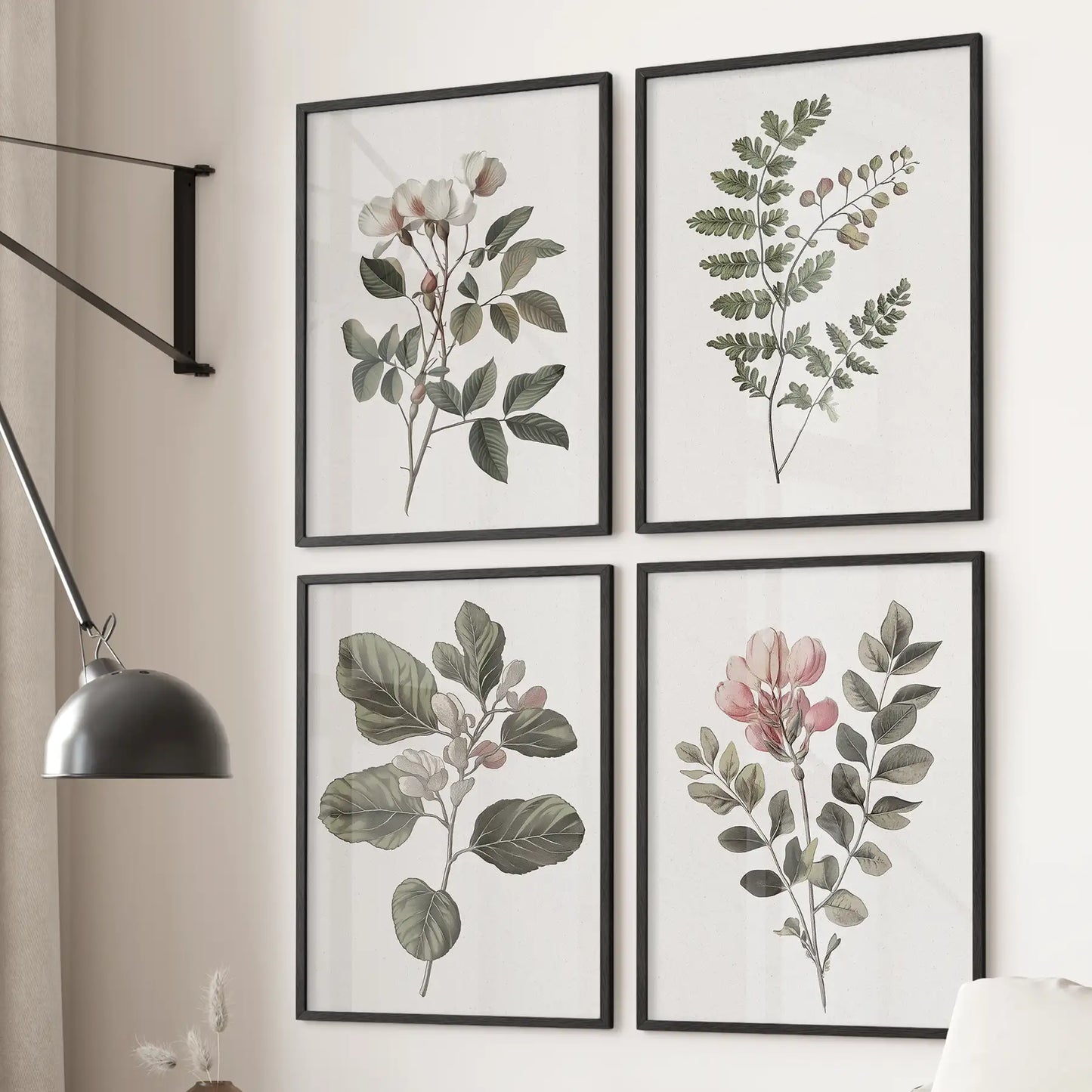 Rustic kitchen wall decor. Garden fern flowers art poster. Black frames for living room.