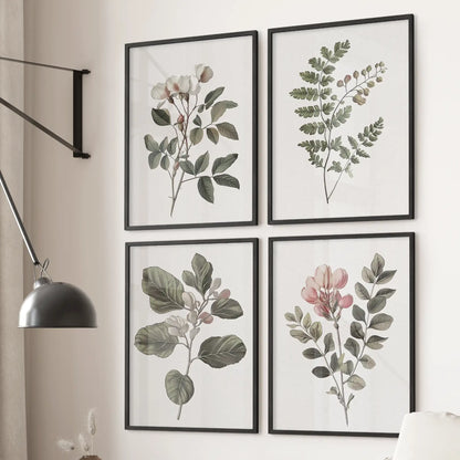 Rustic kitchen wall decor. Garden fern flowers art poster. Black frames for living room.