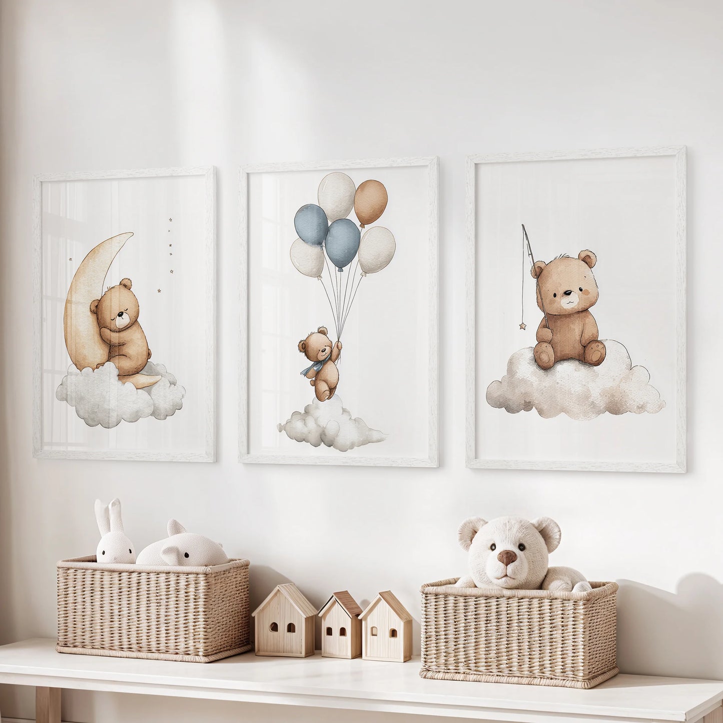 Gender-neutral nursery wall art triptych with moon, balloons, and star themes. White frames for nursery.