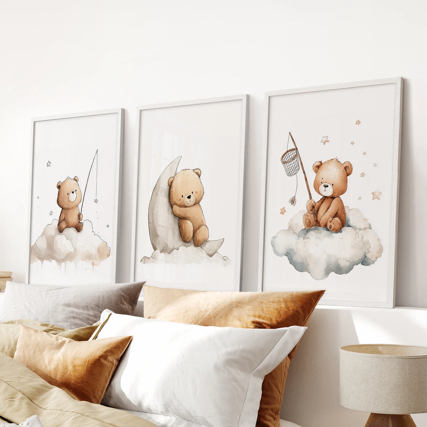 Gentle watercolor bear illustrations with clouds and stars for peaceful nursery atmosphere.
