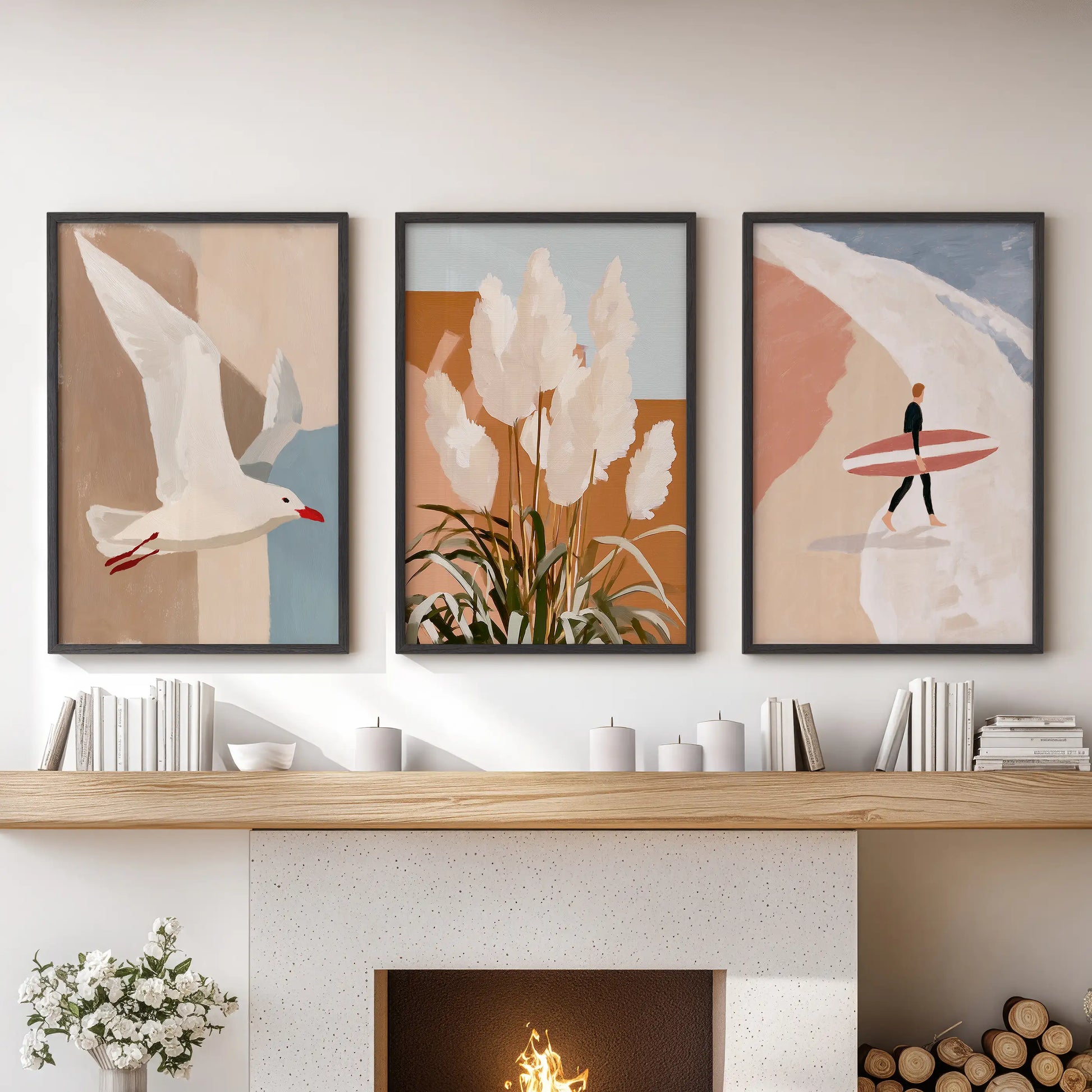 Australian coastal shoreline, set of three prints in black frames, rests over the mantelpiece to ground the lounge in sun-baked terracotta, surf-kissed calm.