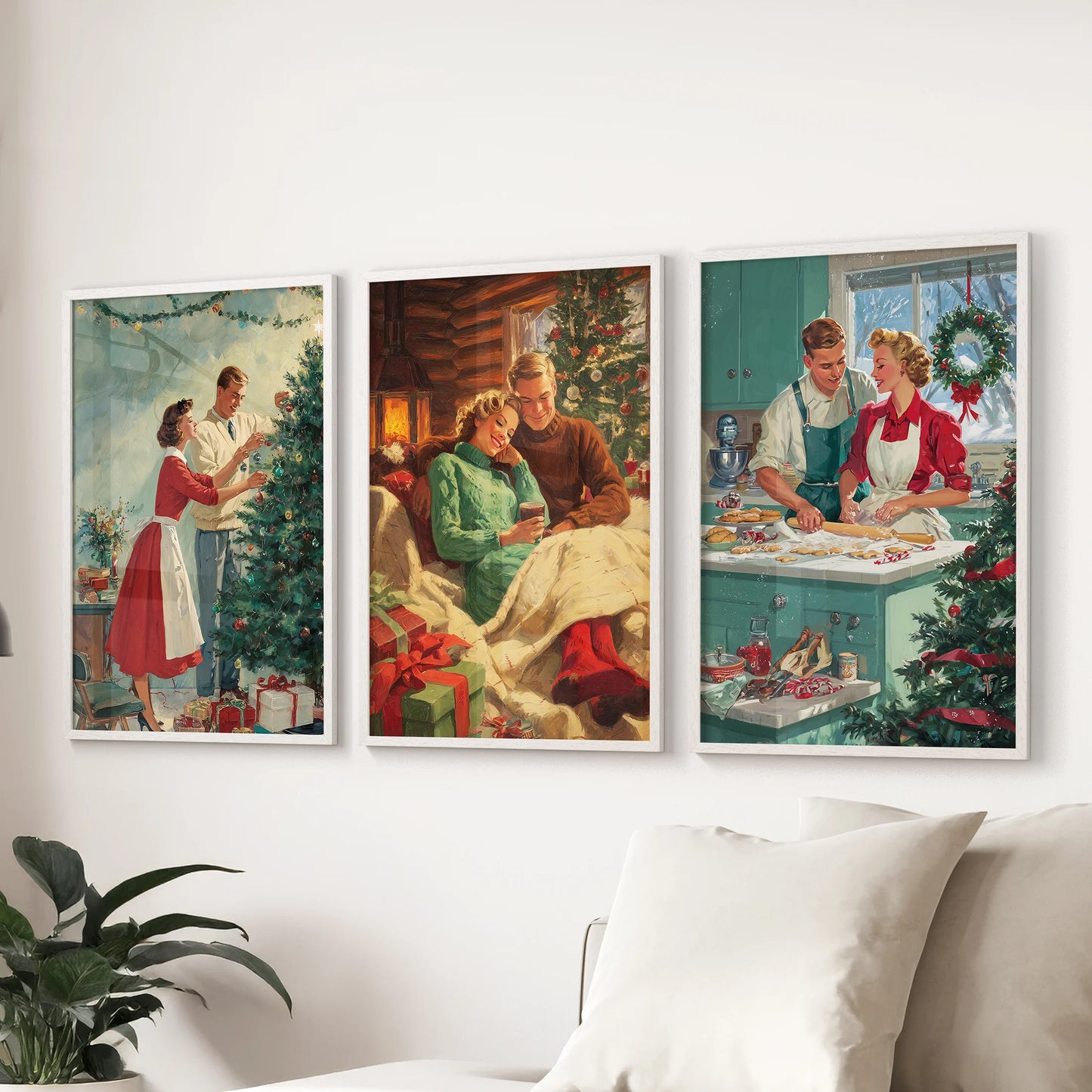 Cottagecore Christmas decor a set of 3 art prints, white framed prints, bring festive gleam to the sitting room over the sectional.
