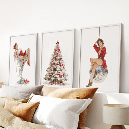 A three-poster set of coquette pink holiday icons in white frames gives the bedroom a fresh, modern lift when placed over the headboard.