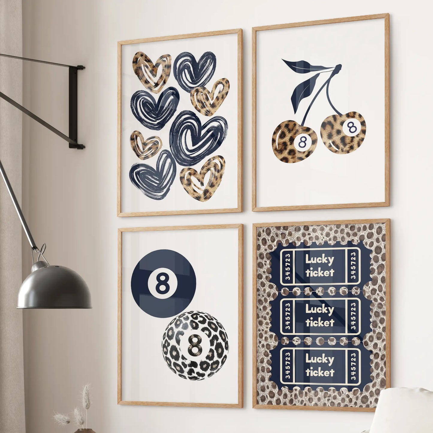Blue cheetah print 4-piece wall art set in natural wood frames anchors a relaxed family room over the couch, featuring hearts, a cherry, an 8 ball, and a lucky ticket.