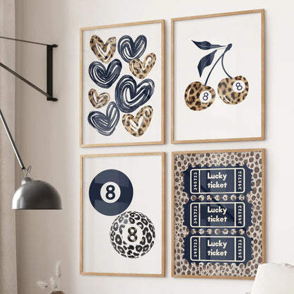 Blue cheetah print 4-piece wall art set in natural wood frames anchors a relaxed family room over the couch, featuring hearts, a cherry, an 8 ball, and a lucky ticket.