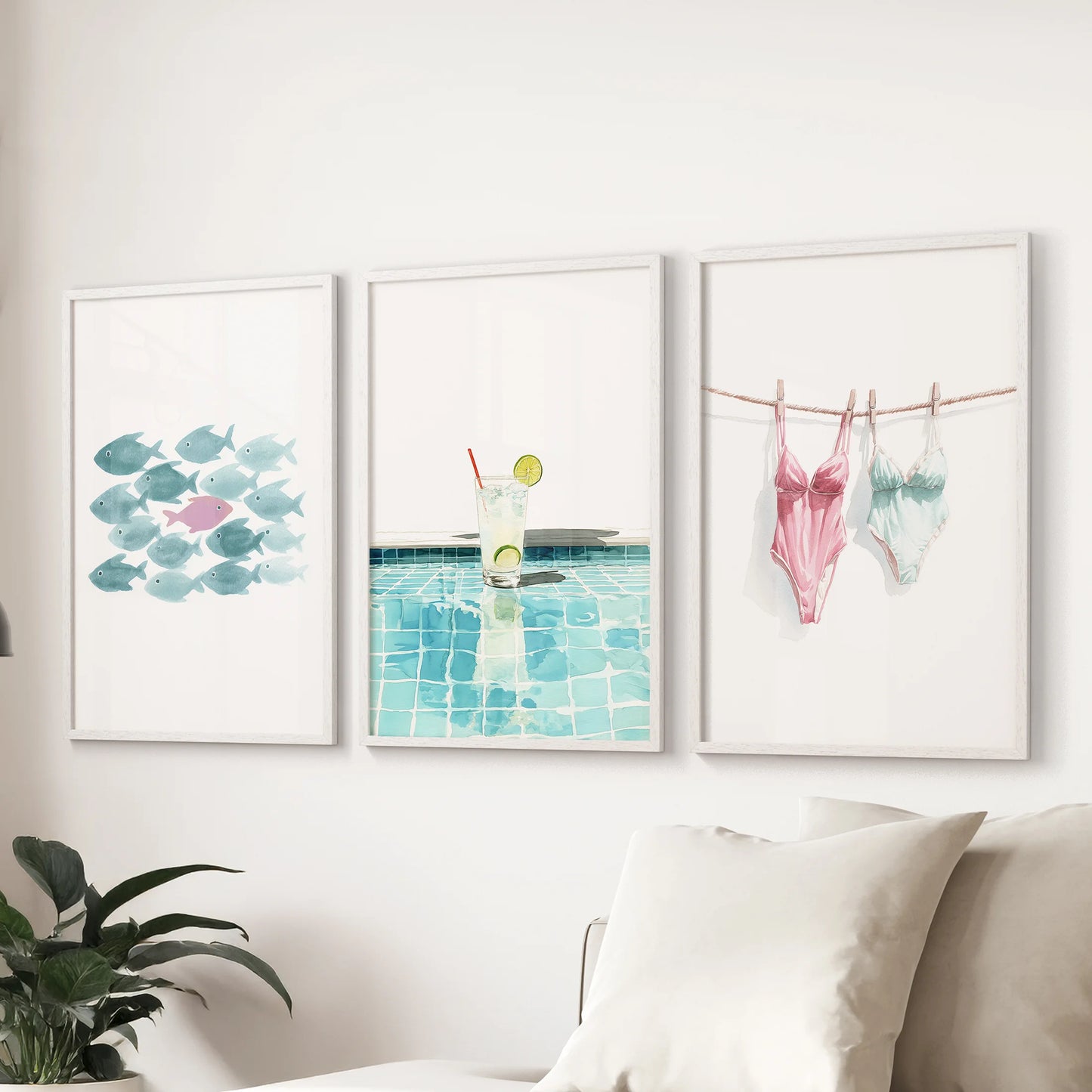 Summer vibes wall art set of three, styled above the sofa in the living room with clean white frames for an easygoing, sunlit coastal feel.