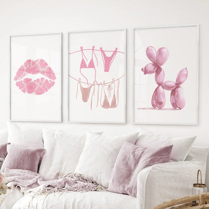 Pink Wall Art Set of 3: Lips, Bikini, Balloon Dog Prints