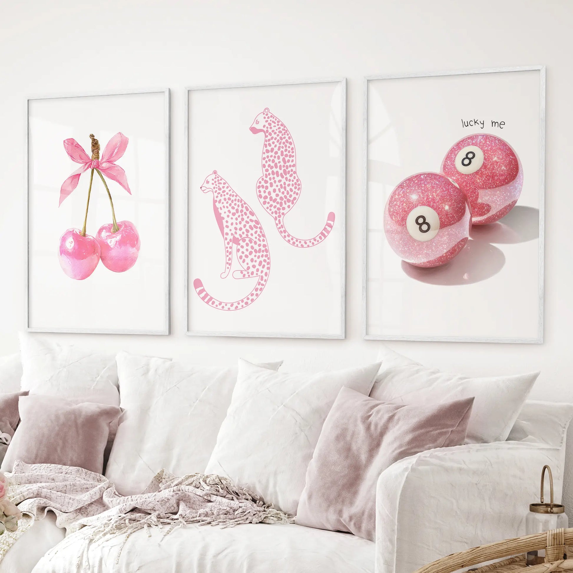 Pink aesthetic wall art set of three – glitter fruit, cheetahs, and pool ball print decor. White frames for living room.