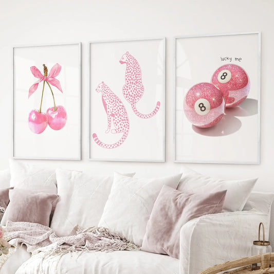 Pink aesthetic wall art set of three – glitter fruit, cheetahs, and pool ball print decor. White frames for living room.