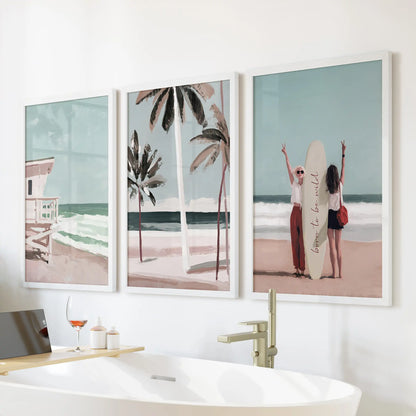 Hamptons-style boardwalk beach, a poster set of 3, presented as white-framed prints over the bath for a fresh, resort-calming bathroom accent.