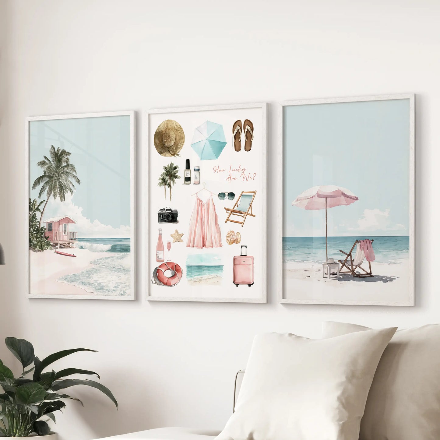 Pastel ocean waves shown in a 3-print set with white-framed panels flow across the living room wall when placed above the sectional.