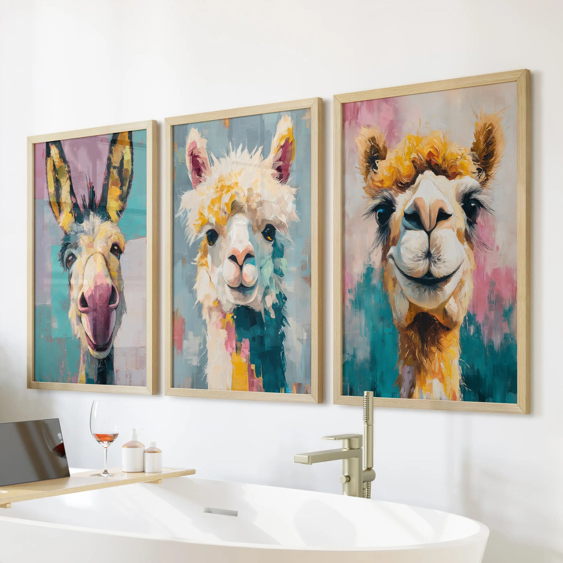 Camel, donkey, and llama trio three-piece wall decor in natural oak frames hangs over the freestanding tub, adding sunny color to a serene bathroom.