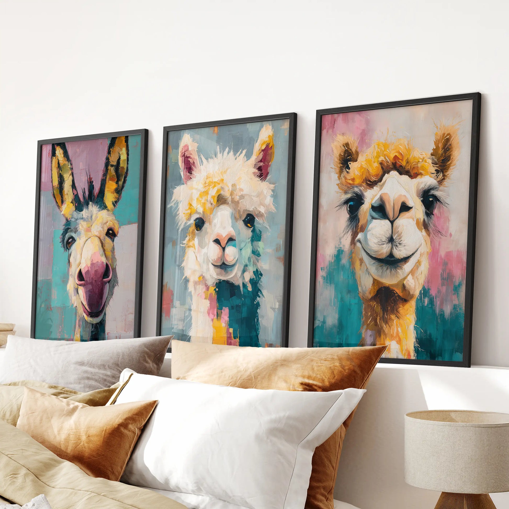 Three black-framed donkey paintings form a whimsical wall art set above the bed, creating a bold bedroom focal point.