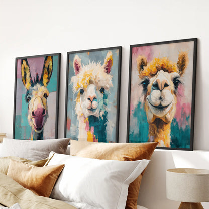 Three black-framed donkey paintings form a whimsical wall art set above the bed, creating a bold bedroom focal point.