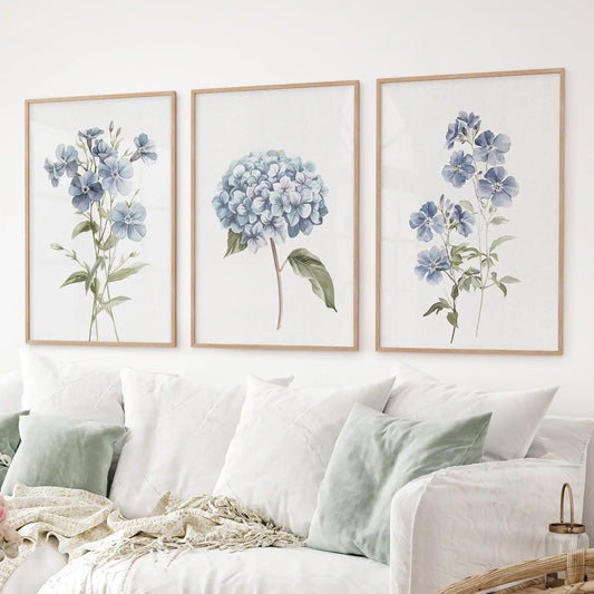 Elegant botanical poster set with watercolor flower details. Thinwood frames for living room.