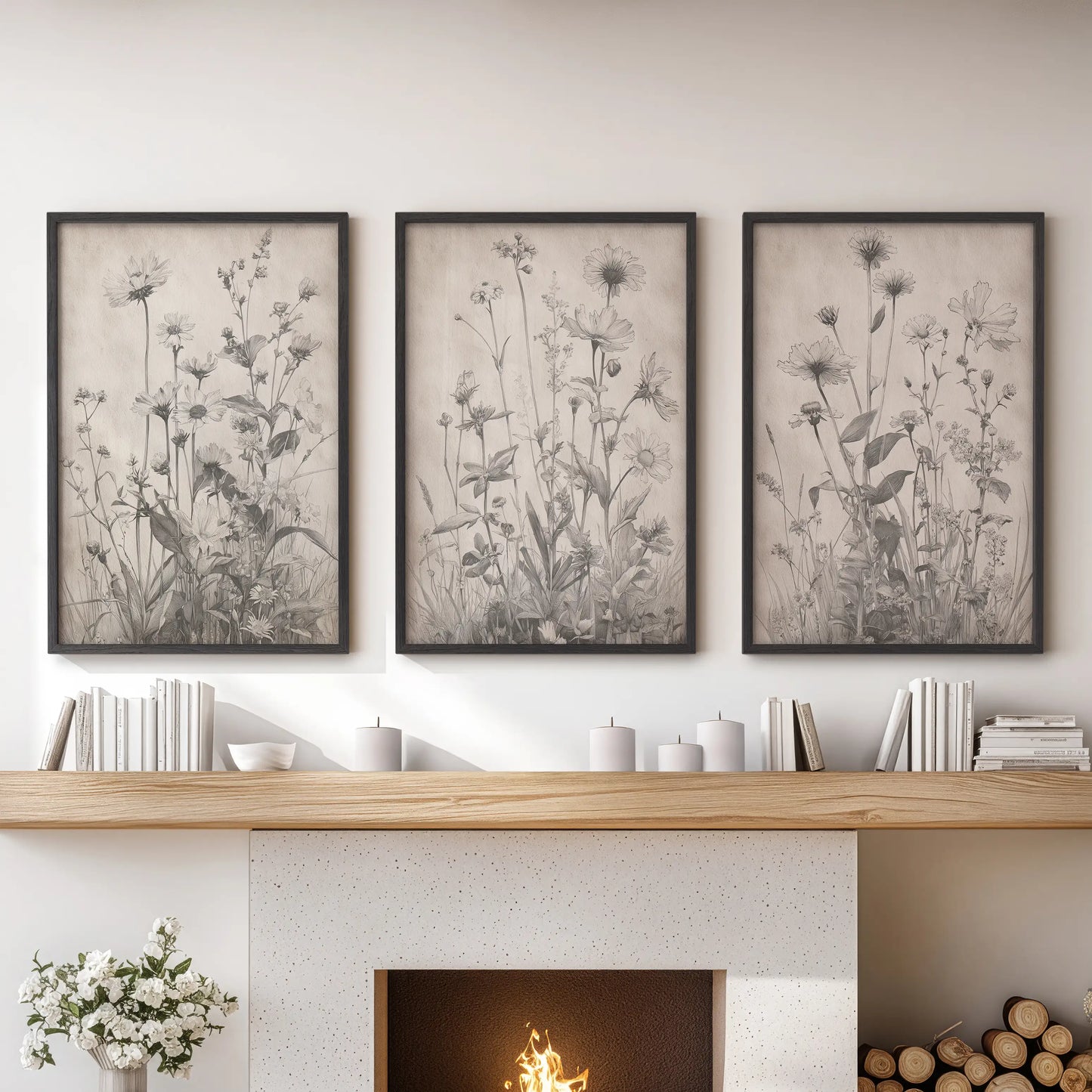 Minimal floral sketches in a set of three black-framed wall prints elevate the living room décor above the mantel.