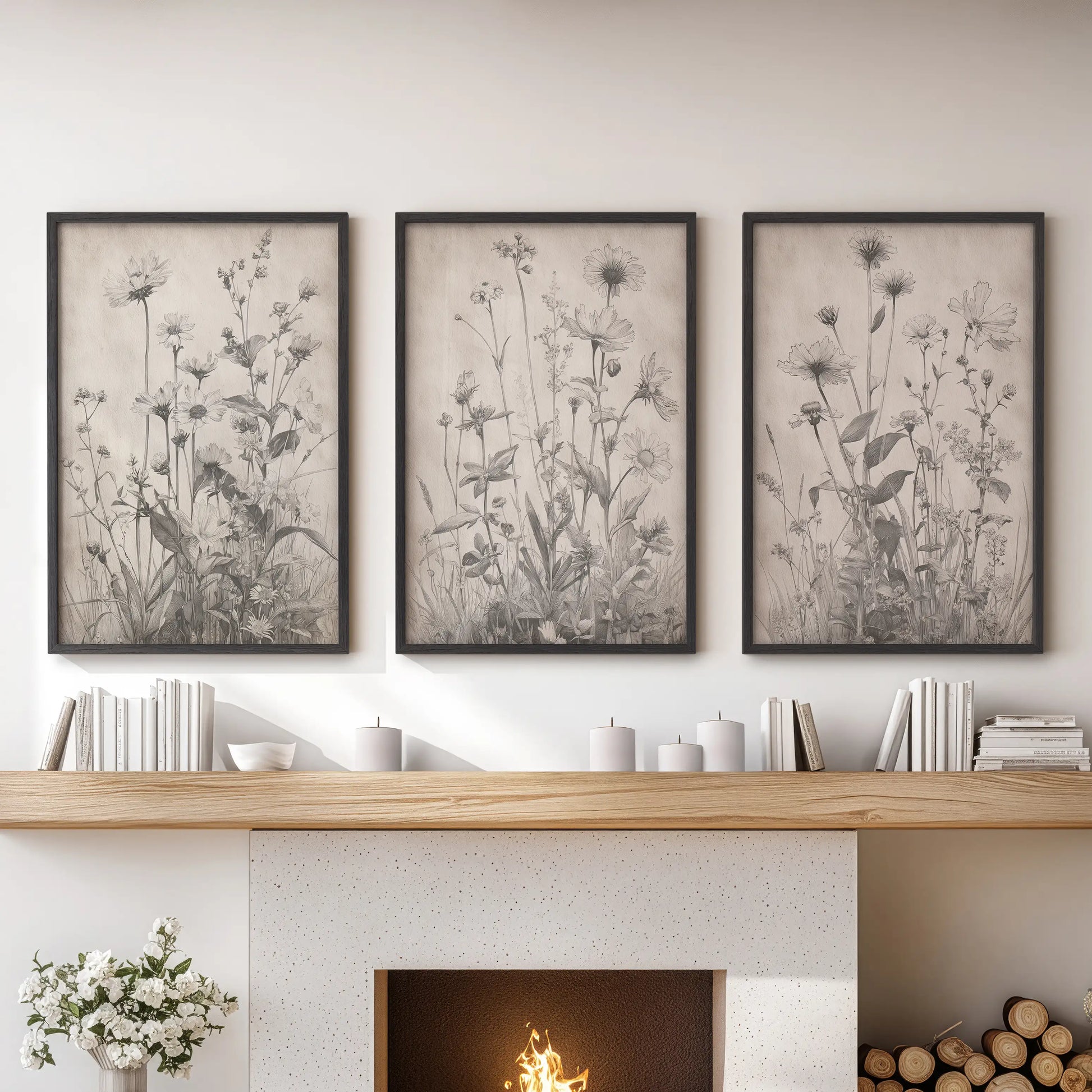 Minimal floral sketches in a set of three black-framed wall prints elevate the living room décor above the mantel.