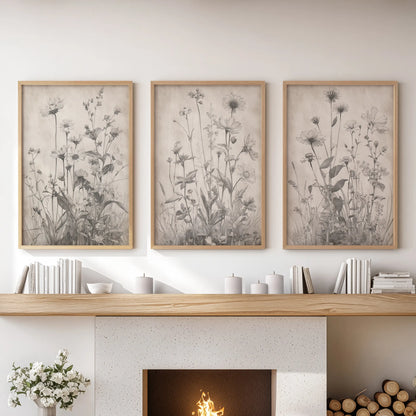 Three botanical prints in light oak frames complete the living room’s natural palette when placed above the mantle.