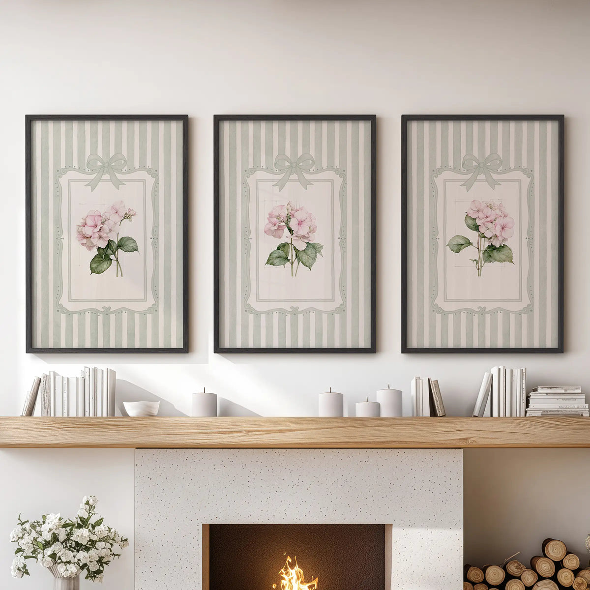 Wall art trio of vintage botanical florals in black frames above the mantel in a sitting room.