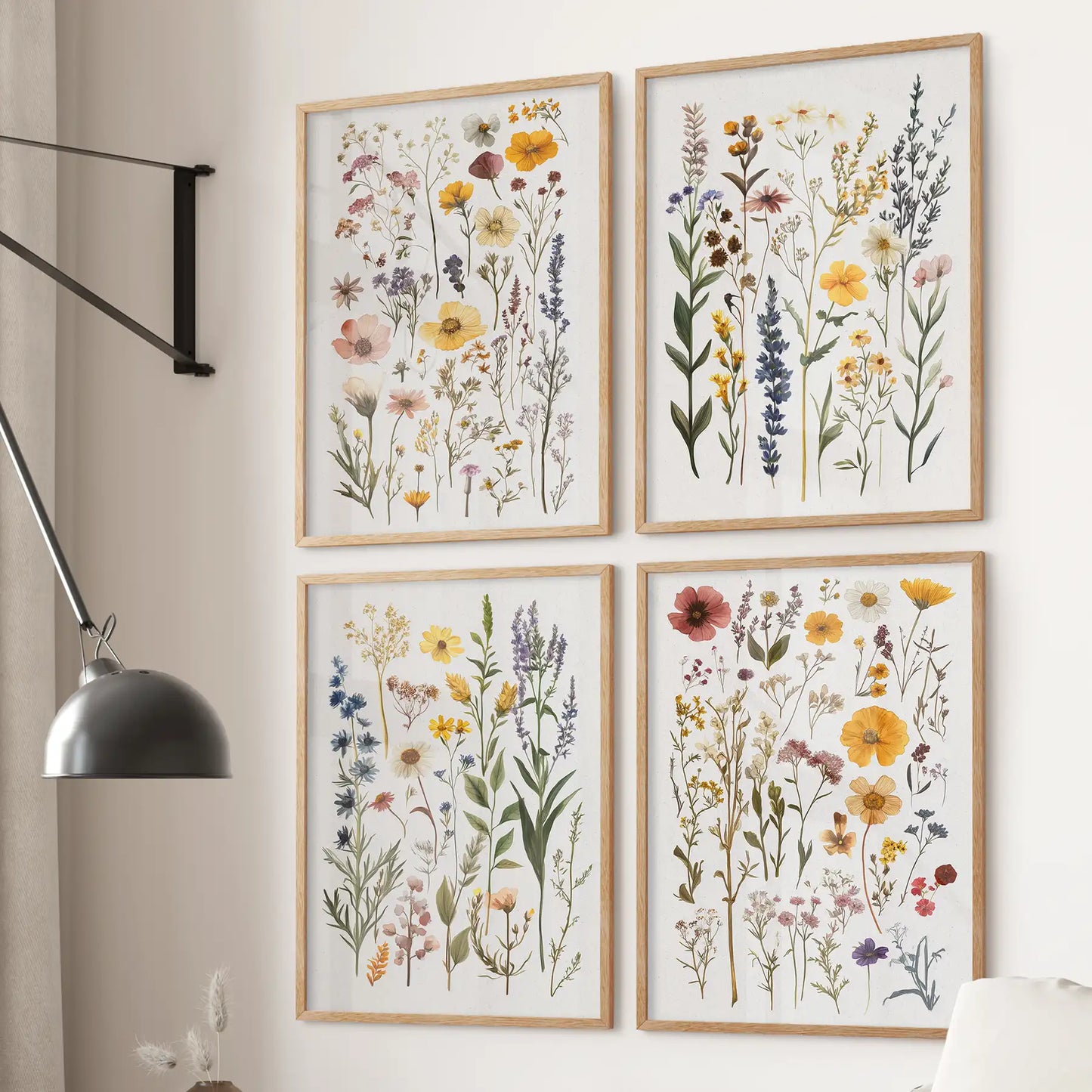 Vintage wildflower wall art 4 botanical prints of meadow flowers. Thimwood frames for kitchen.