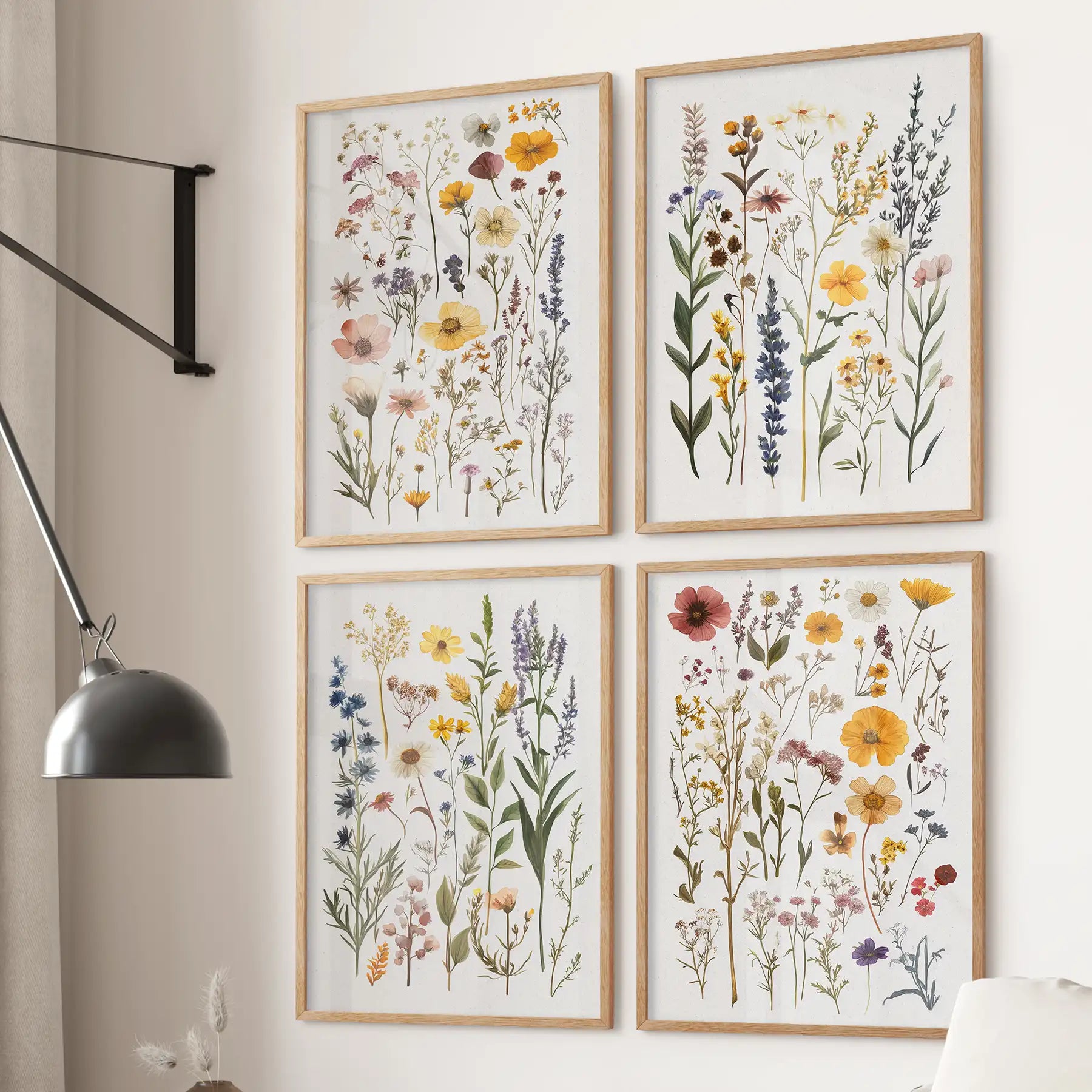 Vintage wildflower wall art 4 botanical prints of meadow flowers. Thimwood frames for kitchen.