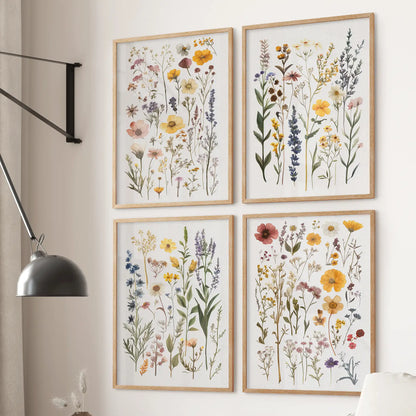 Vintage wildflower wall art 4 botanical prints of meadow flowers. Thimwood frames for kitchen.