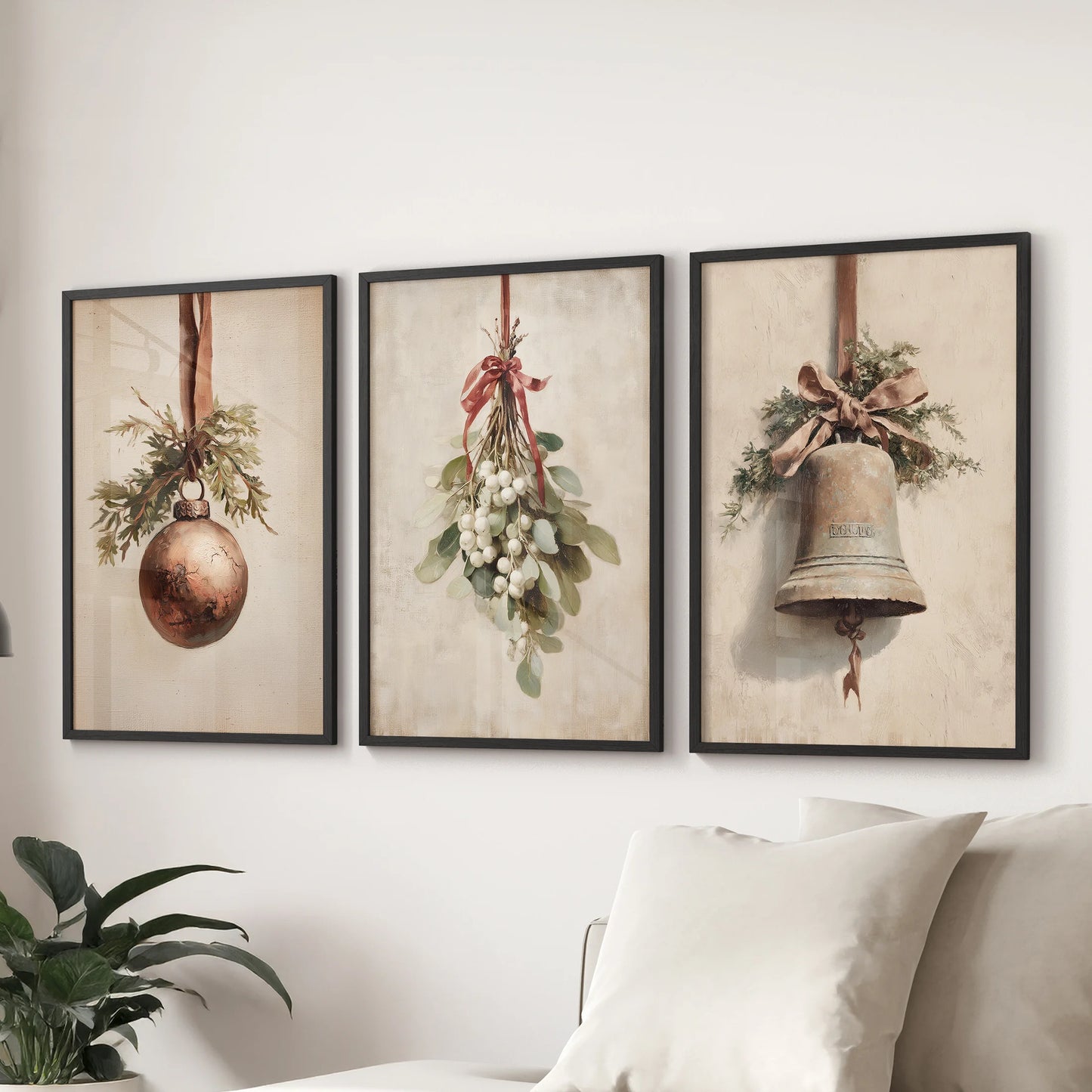 Vintage Christmas holiday, a three-piece wall hanging, grace the family room over the sectional sofa with black frame finishes, adding vintage seasonal atmosphere.