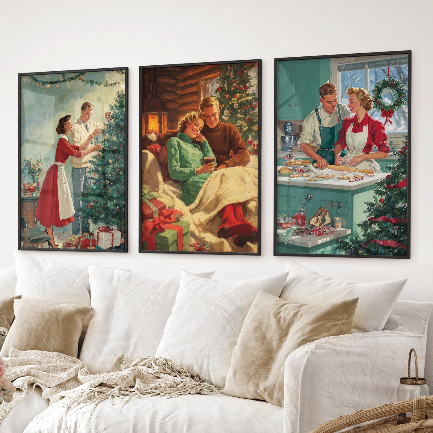 Retro Christmas wall decor featuring tree decorating and baking. Black frames above the sofa.